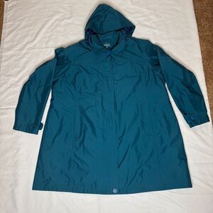 LL Bean Raincoat Jacket Womens Size 2X Teal Blue Hooded Nylon Rain Classic Coat